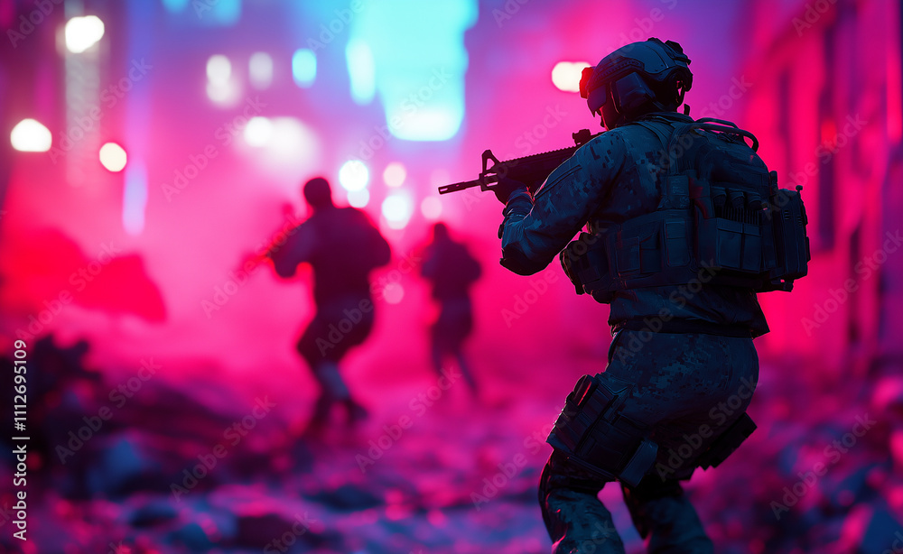 Armed soldiers advancing in an urban combat scene with neon lights and intense atmosphere. Armed soldiers advancing in an urban combat scene with neon lights and intense atmosphere.