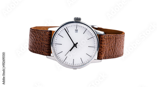 Stylish watch with brown leather strap. transparent background