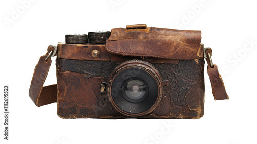 Vintage camera with a weathered leather finish. transparent background photo