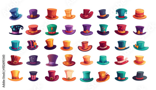 Cartoon cylinders. Man hats headwear classic retro gentleman accessories, wearable vintage textile caps fashion headgears isolated vector on white background
