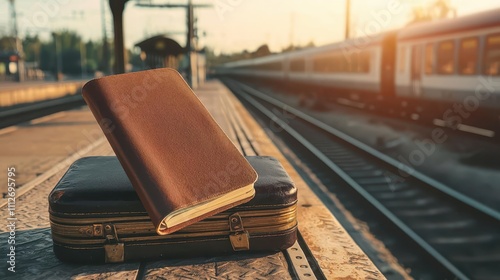 Passport and a vintage suitcase on an old train platform, nostalgia and wanderlust combined