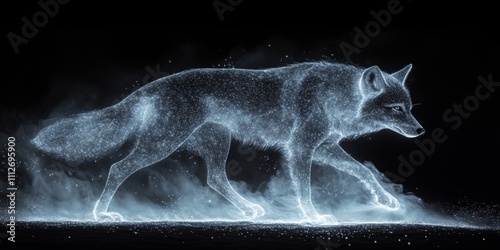 Celestial Wolf, a mystical wolf illuminated by stardust trails, traversing an ethereal landscape under a starry sky photo