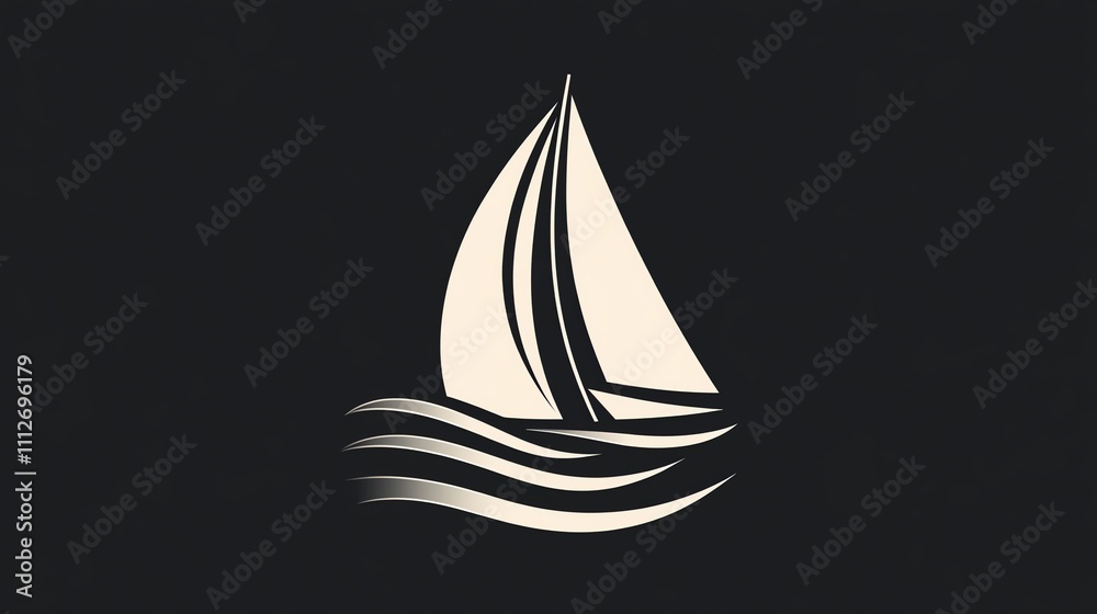 Simple sailboat with a sail and waves on a black background. Simple sailboat with a sail and waves on a black background.