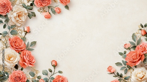 Fototapeta Naklejka Na Ścianę i Meble -  A beautiful arrangement of peach and cream roses with green leaves, creating an elegant floral border against a light background.
