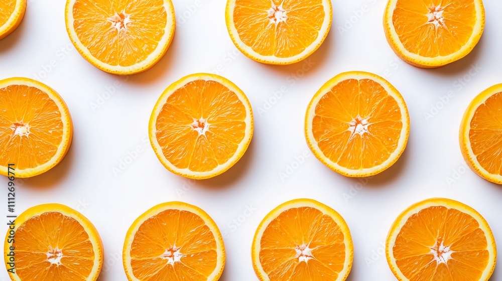 A flat lay of sliced oranges on a white background. A flat lay of sliced oranges on a white background.