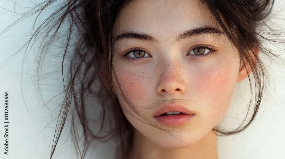 Glowing, clear skin of a young Asian woman highlighted under soft light, white background. Glowing, clear skin of a young Asian woman highlighted under soft light, white background.