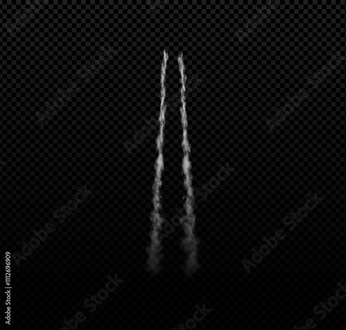 Rocket or jet aircraft vector smoke trail two straight stripes, realistic white fume flow, space launch trace, fog steam