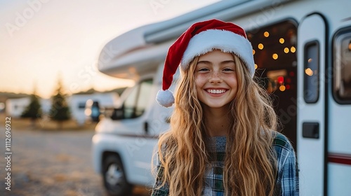 Happy girl wearing Santa hat near camper van at Christmas time. photo