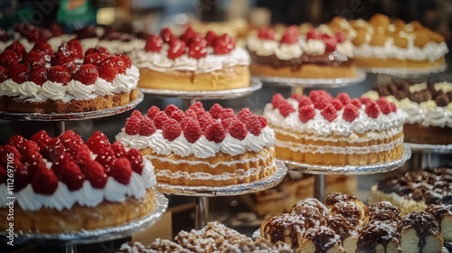 Various cakes displayed on stands in a bakery setting