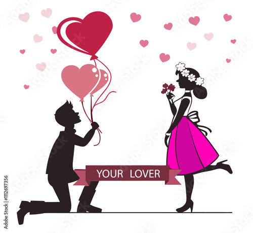 happy valentine's day greeting card. silhouette couple holding heart shaped balloons in the city park, Happy couple with heart shaped balloons on white background. Valentine's Day celebration