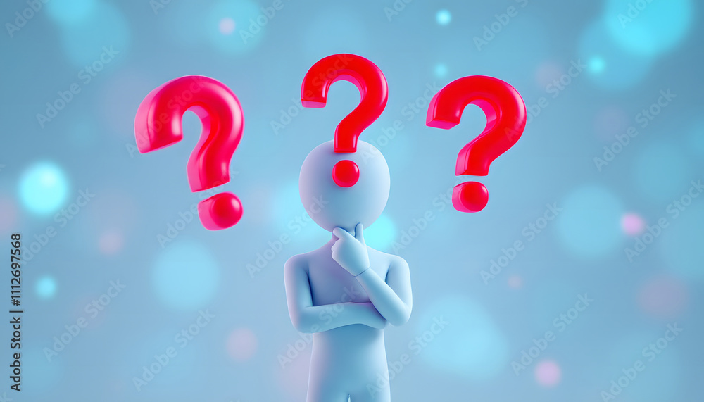 3D Thinking Figure with Red Question Marks on Blue Background 3D Thinking Figure with Red Question Marks on Blue Background