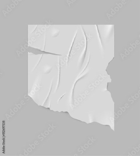 Paper wrinkled torn poster or flyer, vector ripped glued white wet paper sheet, blank template with crumpled texture