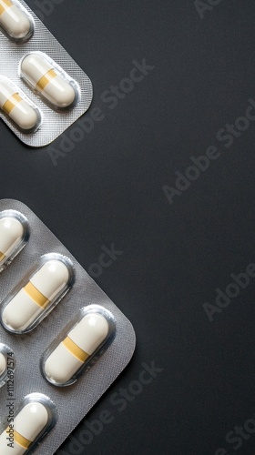 White pills in blisters on a black background with copy space for health or pharmaceutical content photo