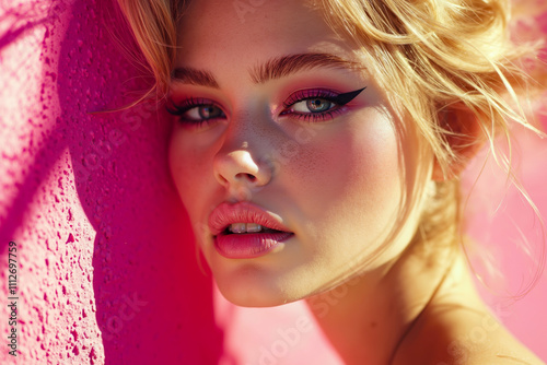 A woman with a pink wall in the background