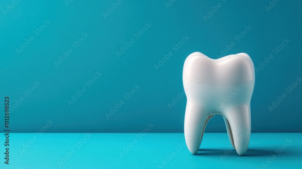 White Dental Tooth Model Displayed Against a Bright Turquoise Background for Educational and Promotional Purposes in Health and Oral Care Fields White Dental Tooth Model Displayed Against a Bright Turquoise Background for Educational and Promotional Purposes in Health and Oral Care Fields