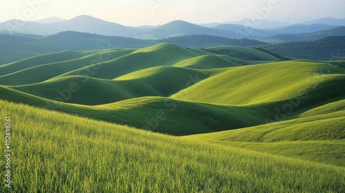 Lush Green Rolling Hills and Distant Mountain Range