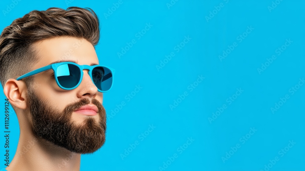 Man with a beard and sunglasses is looking at the camera. The sunglasses are blue and reflect the light Man with a beard and sunglasses is looking at the camera. The sunglasses are blue and reflect the light