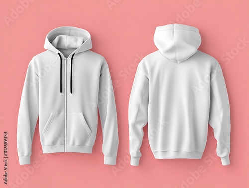 Crisp White Hoodie Mockup with Zipper Front and Back on a Soft Pink Background