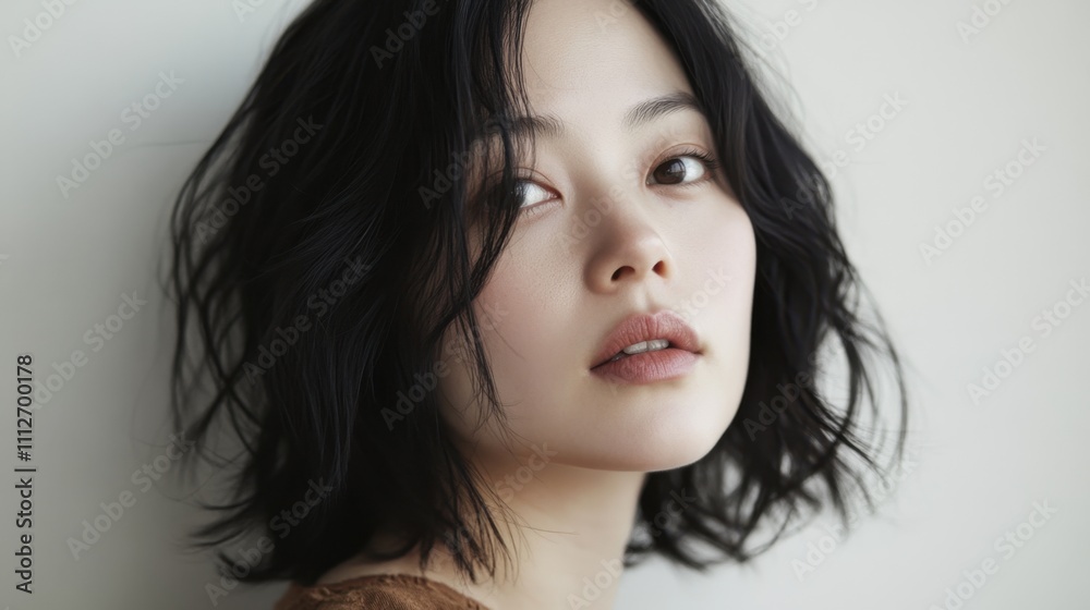 Portrait of a confident Asian woman with glowing, hydrated skin, no makeup look, white background. Portrait of a confident Asian woman with glowing, hydrated skin, no makeup look, white background.