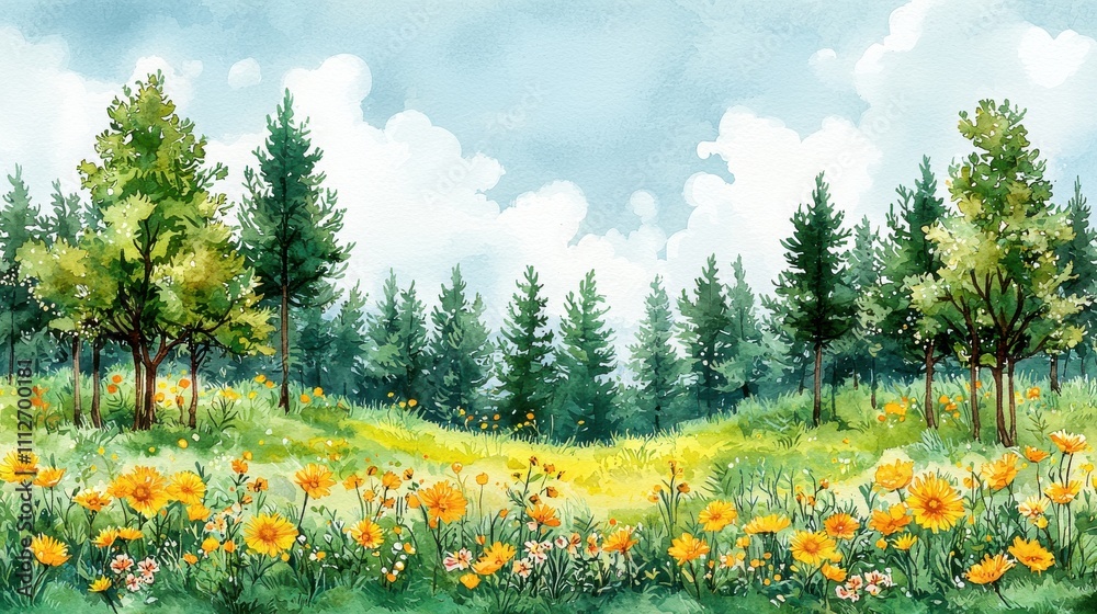 Obraz premium Vibrant meadow filled with wildflowers under a bright sky with tall trees in a peaceful natural setting