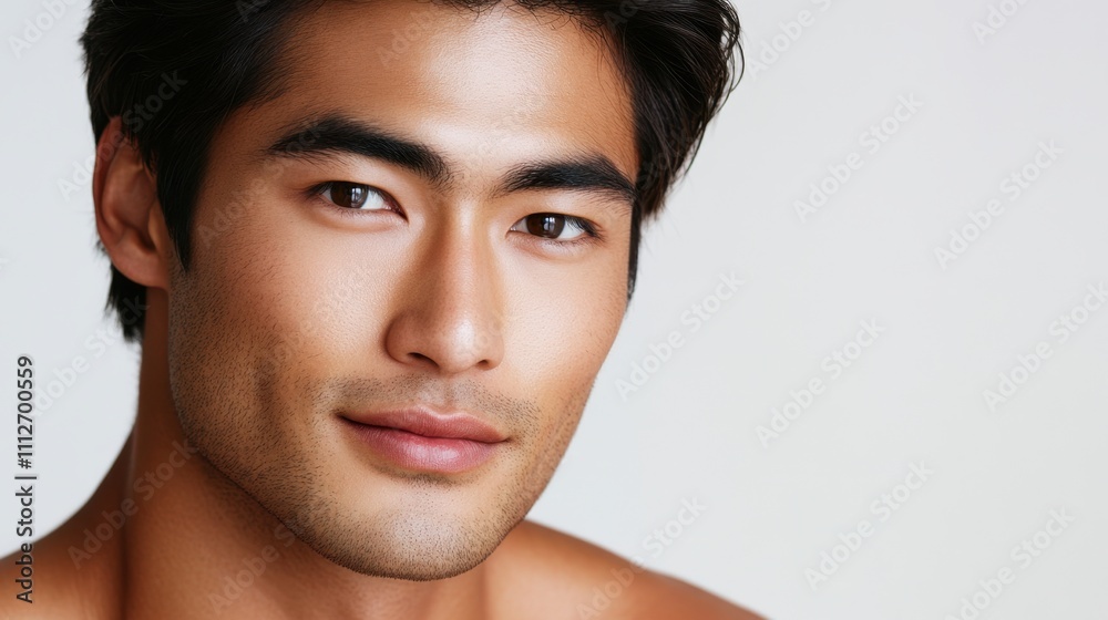 Portrait of an Asian young man with smooth, radiant skin, highlighting beauty care excellence on a white background Portrait of an Asian young man with smooth, radiant skin, highlighting beauty care excellence on a white background