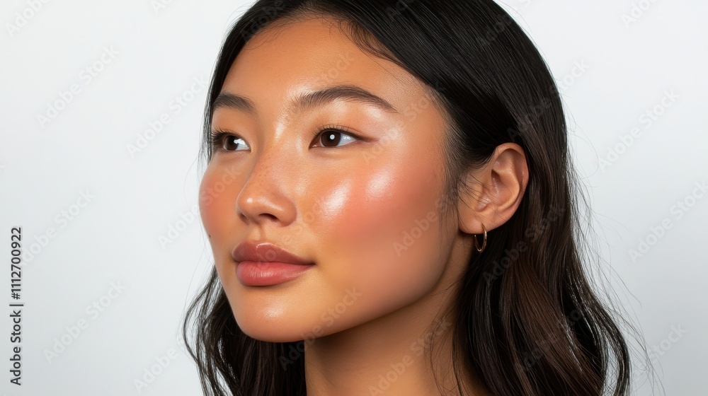 Profile shot of a young Asian woman glowing skin, healthy and radiant, white background.