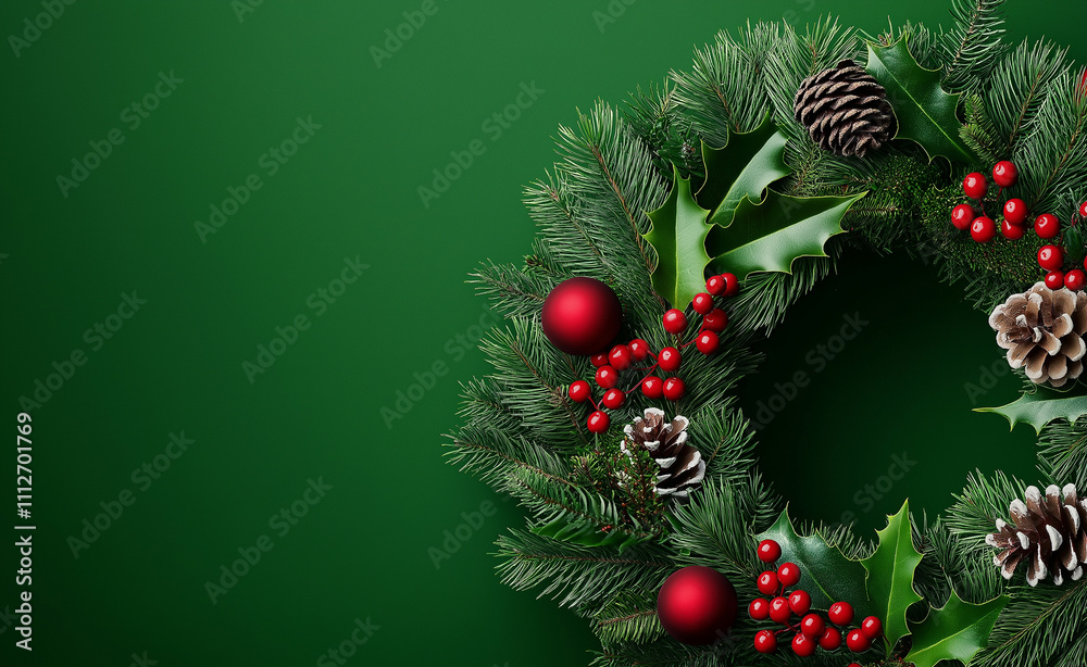 A festive Christmas wreath adorned with holly, red berries, pinecones, and fir branches on a green background. A festive Christmas wreath adorned with holly, red berries, pinecones, and fir branches on a green background.