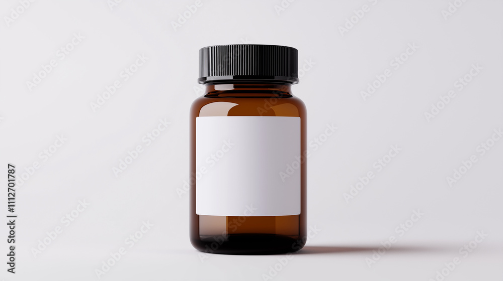 A small amber glass bottle with a blank white label placed against a clean minimalist background. A small amber glass bottle with a blank white label placed against a clean minimalist background.