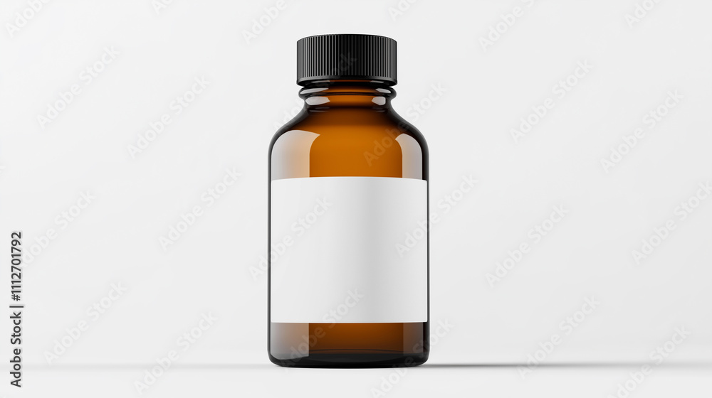 A small amber glass bottle with a blank white label placed against a clean minimalist background. A small amber glass bottle with a blank white label placed against a clean minimalist background.