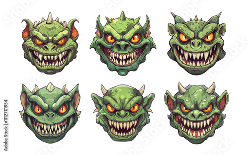 Cartoon goblin heads. Orc avatars with fangs, mythical green skinned grinning evil character with horns, creepy gremlin little troll creature, game assets isolated vectors on white backdrop