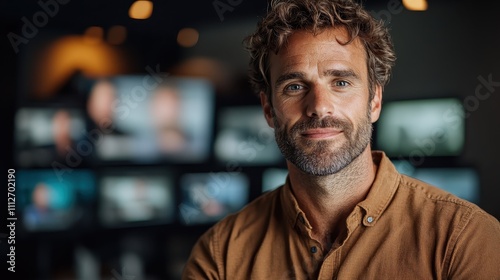 A handsome bearded man stands confidently in front of several monitors, projecting a relaxed yet professional demeanor, surrounded by ambient light in his workspace.