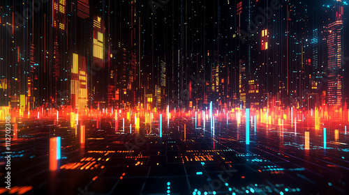 vibrant digital cityscape with glowing towers and data streams in neon orange red and blue The ground reflects the futuristic cityscape above photo