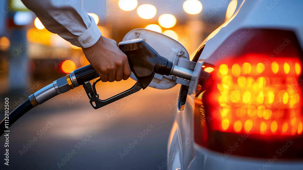 Naklejka premium A detailed close-up of the fuel nozzle in the carâs tank, with a manâs hand operating the pump handle, illuminated by station lights