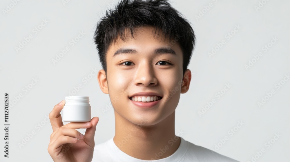 Radiant Asian young man with vibrant skin texture holding a minimalist beauty product on a white background. Radiant Asian young man with vibrant skin texture holding a minimalist beauty product on a white background.
