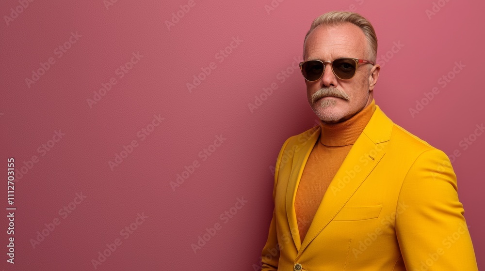 Man in a yellow suit and sunglasses stands in front of a pink wall. Concept of confidence and style, as the man is dressed in a bold and fashionable outfit. The combination of the bright yellow suit Man in a yellow suit and sunglasses stands in front of a pink wall. Concept of confidence and style, as the man is dressed in a bold and fashionable outfit. The combination of the bright yellow suit