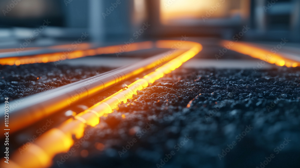Close-up of hydronic pipes embedded in a screed layer, with their radiant heating effect highlighted in soft, glowing tones Close-up of hydronic pipes embedded in a screed layer, with their radiant heating effect highlighted in soft, glowing tones