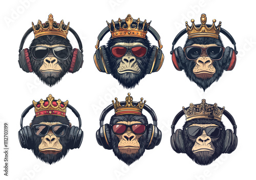 Cartoon gorilla head in crown with headphones. Ape fluffy avatar close up portrait in glasses, jungle animal king with headsets and corona isolated vector on white backdrop