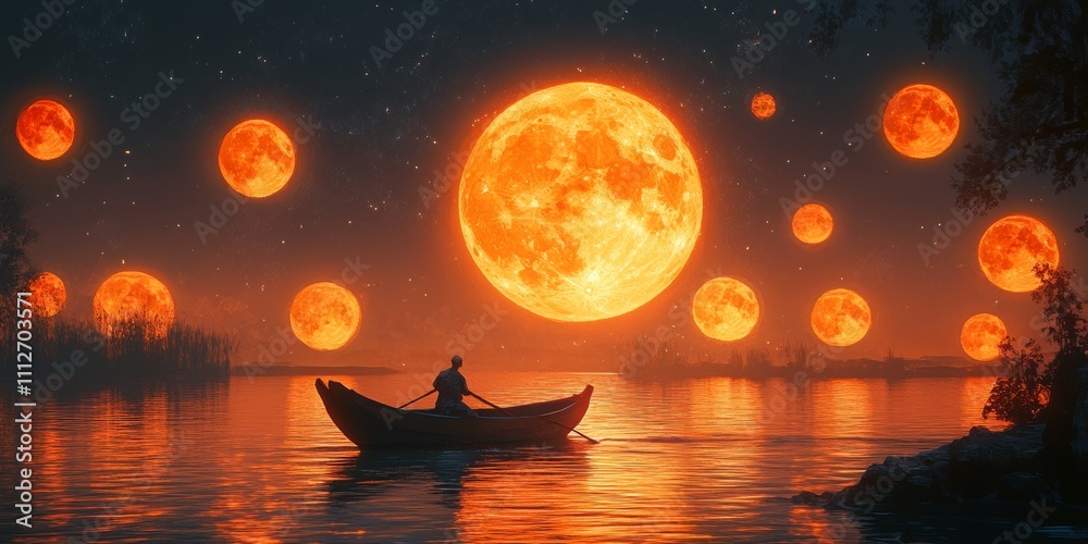 Moonlit Voyage, a serene digital illustration of a man rowing his boat through a sea illuminated by floating glowing moons at night. Moonlit Voyage, a serene digital illustration of a man rowing his boat through a sea illuminated by floating glowing moons at night.