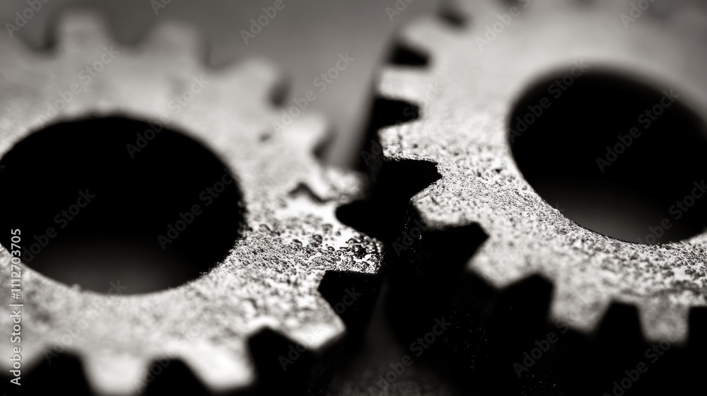 Precision Mechanics: Close-Up of Intricate Gears with Glistening Oil Lubrication