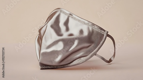Elegant silver-grey cloth mask with delicate stitching on a light beige background photo