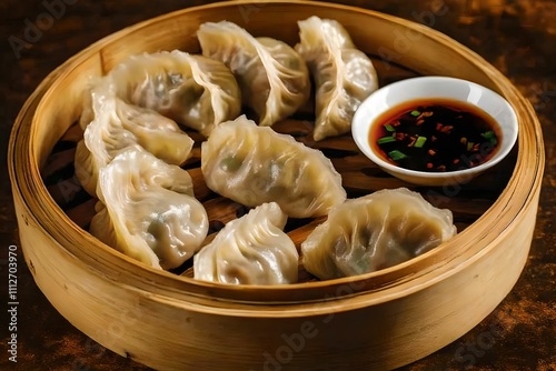Savory Pork and Chive Dumplings in Bamboo Steamer, chives, dipping, sauce, food