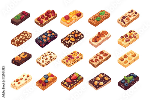 Cartoon granola bars. Healthy raw organic vegan muesli sweets with dried fruits and nuts, fit appetizers sport food fitness energy fast meal breakfast snacks, isolated vectors