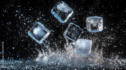 Refreshing Ice Cubes in Motion, water, droplets, frost, refreshment