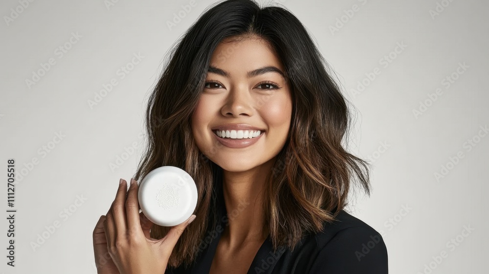 Smiling Asian woman with a radiant complexion, holding a skincare product, plain white background. Smiling Asian woman with a radiant complexion, holding a skincare product, plain white background.