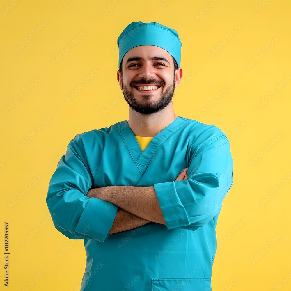 Young surgeon doctor man isolated on yellow background happy and smiling Young surgeon doctor man isolated on yellow background happy and smiling
