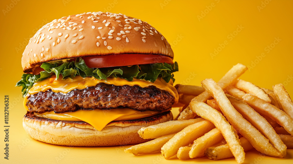 A juicy burger stacked with fresh ingredients alongside crispy golden fries on a vibrant yellow background, symbolizing fast food indulgence A juicy burger stacked with fresh ingredients alongside crispy golden fries on a vibrant yellow background, symbolizing fast food indulgence