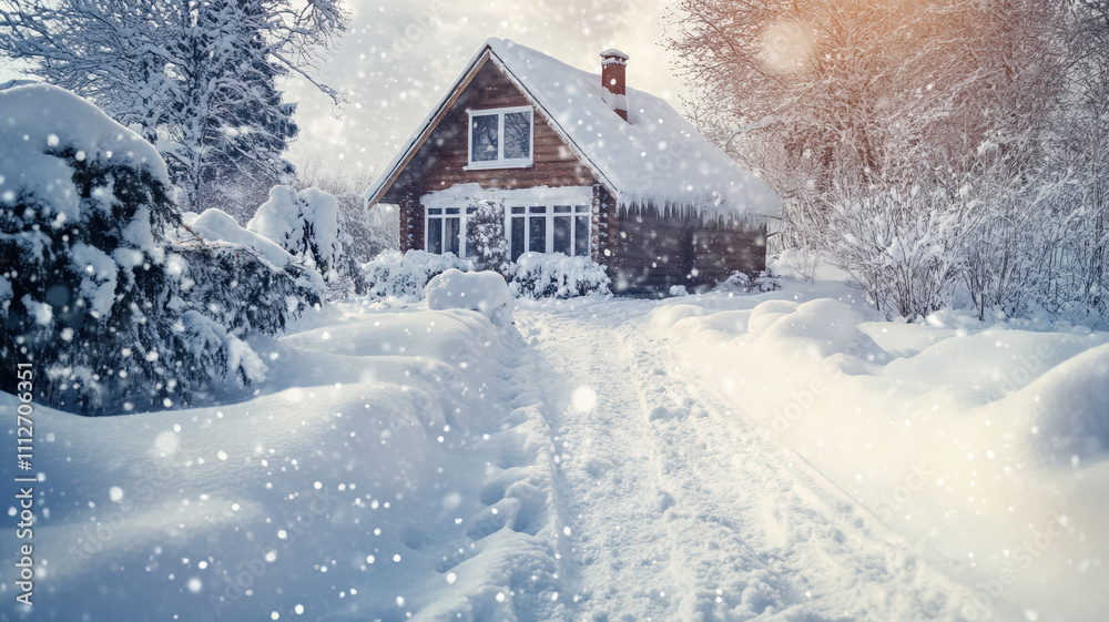 Cozy wooden house in a snowy forest, peaceful winter landscape with snowfall and warm sunlight Cozy wooden house in a snowy forest, peaceful winter landscape with snowfall and warm sunlight