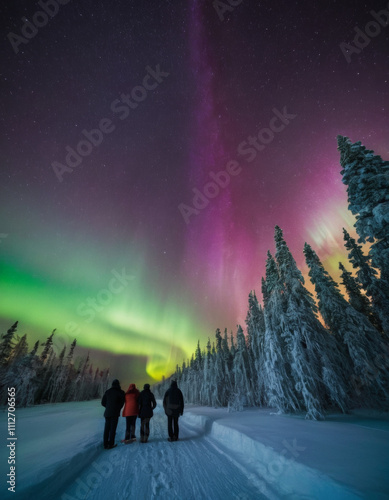 Snow-covered trees and tourists admiring the Northern Lights in a dark, clear sky.