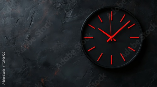 A sleek contemporary clock with red indicators contrasts stylishly against a textured dark background, reflecting simplicity and precise timekeeping. photo