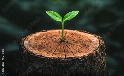 Fresh green sprout atop a decayed tree trunk amidst a foggy forest background symbolic of life s persistence and nature s ability to heal photo